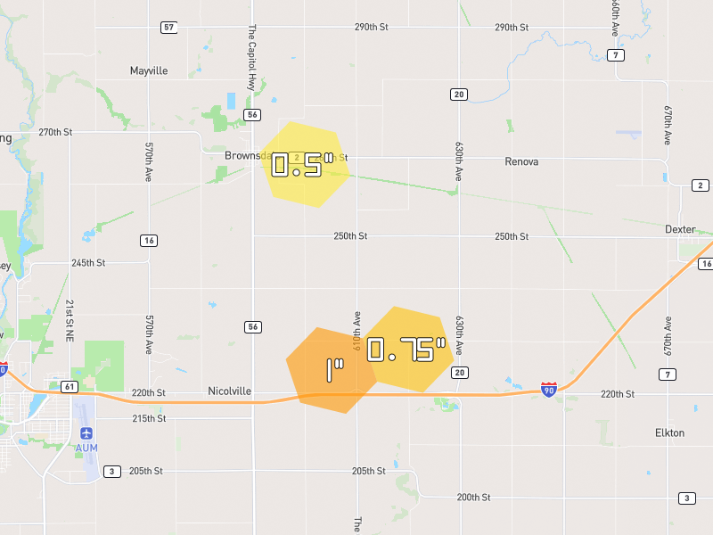 Hail map of Brownsdale, MN on Jul 2, 2026, hail up to 1"