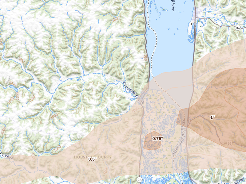 Radar-estimated hail-size map of the storm over Brownsville, MN