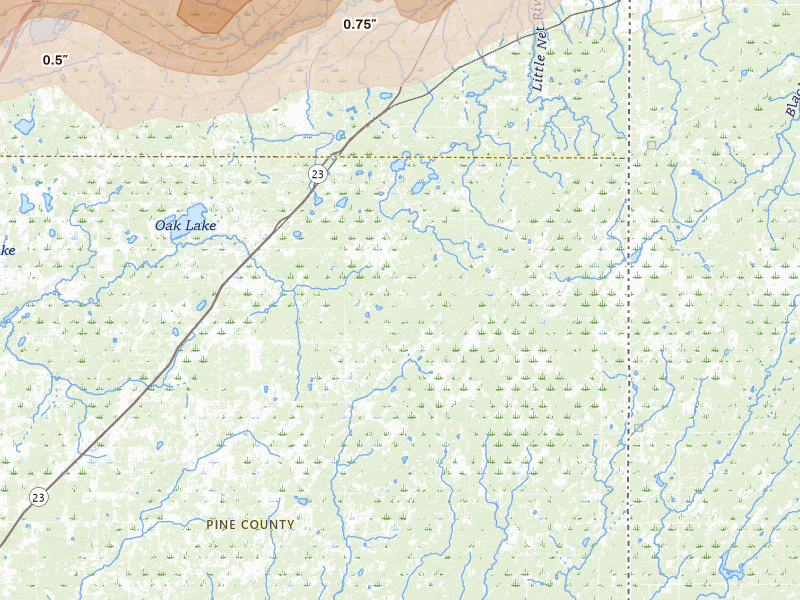 Radar-estimated hail-size map of the storm over Bruno, MN on Jun 29, 2026