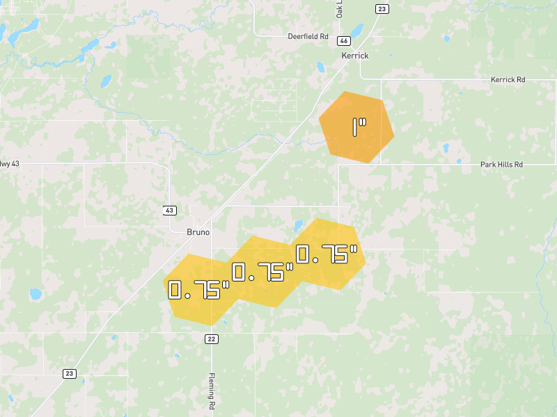 Hail map of Bruno, MN on Jun 30, 2026, hail up to 1"