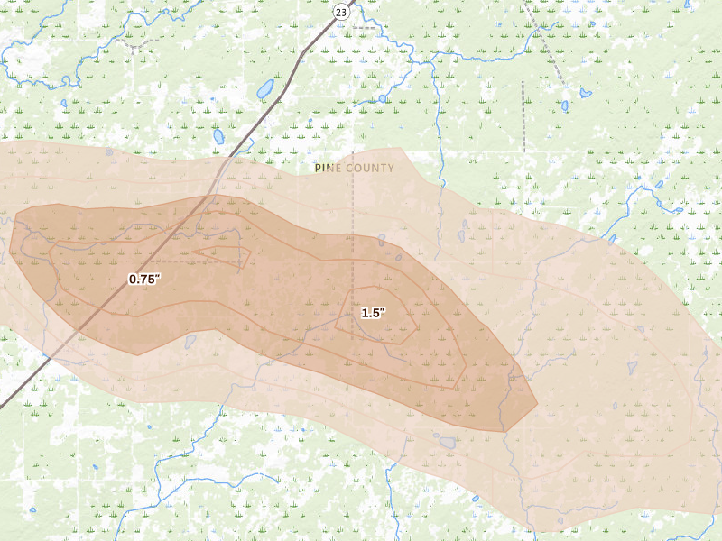 Radar-estimated hail-size map of the storm over Bruno, MN on Aug 25, 2026