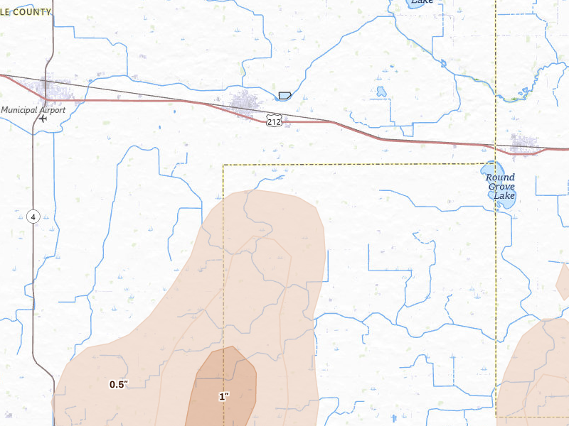 Radar-estimated hail-size map of the storm over Buffalo Lake, MN on Jun 9, 2026