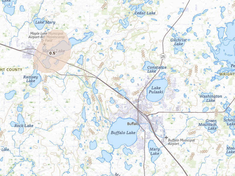 Radar-estimated hail-size map of the storm over Buffalo, MN on Jul 4, 2026