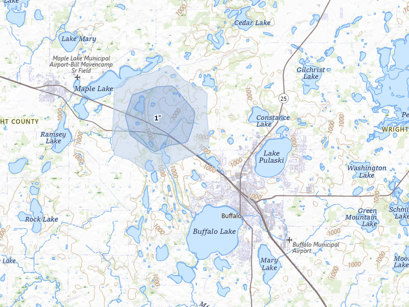 NEXRAD radar-signature map of the hail over Buffalo, MN
