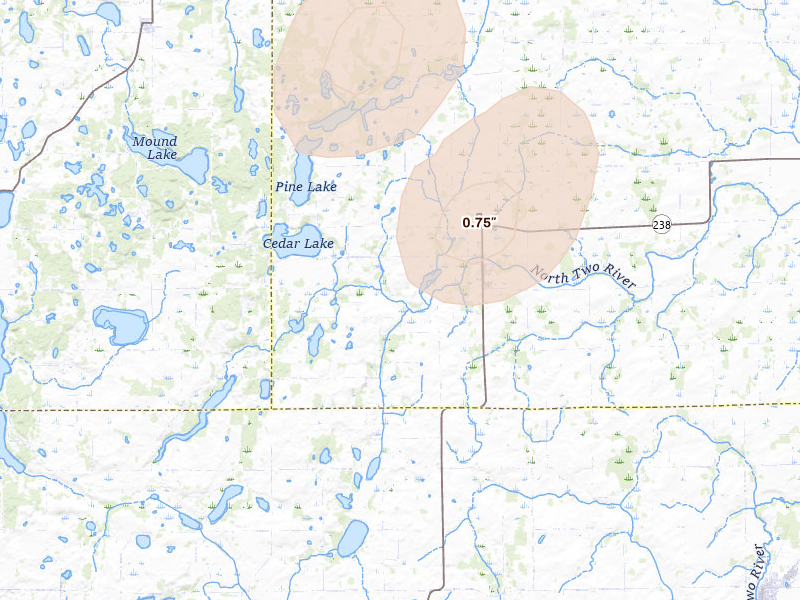 Radar-estimated hail-size map of the storm over Burtrum, MN on Aug 17, 2026