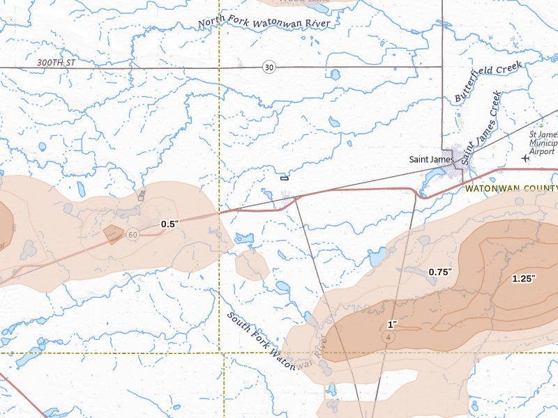 Radar-estimated hail-size map of the storm over Butterfield, MN on Apr 13, 2026