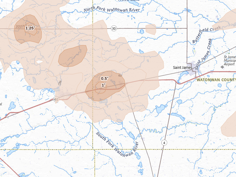 Radar-estimated hail-size map of the storm over Butterfield, MN on Jul 2, 2026