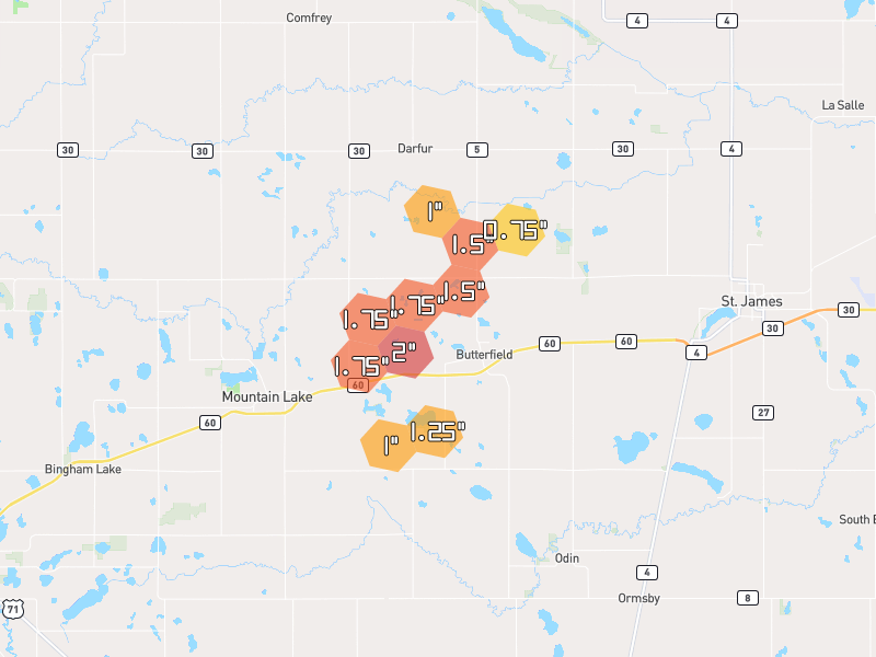 Hail map of Butterfield, MN on Jul 2, 2026, hail up to 2"