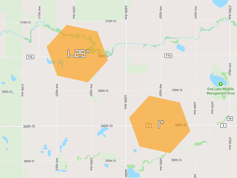 Hail map of Butterfield, MN on Jul 3, 2026, hail up to 1.25"
