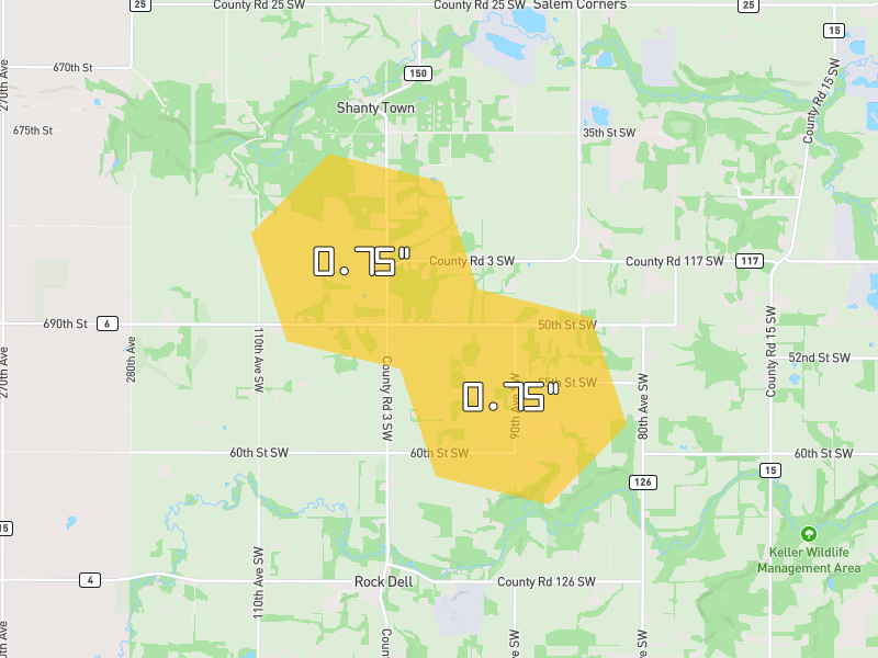 Hail map of Byron, MN on Jul 1, 2026, hail up to 0.75"