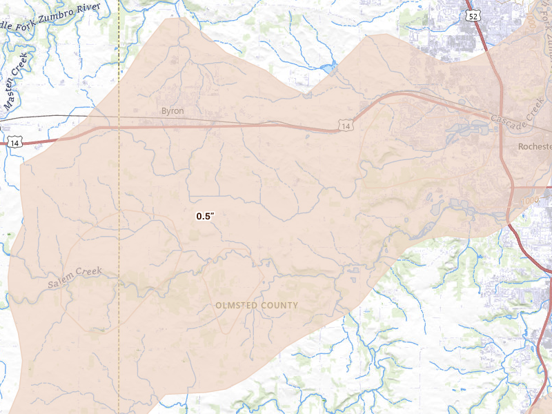 Radar-estimated hail-size map of the storm over Byron, MN on Sep 1, 2026