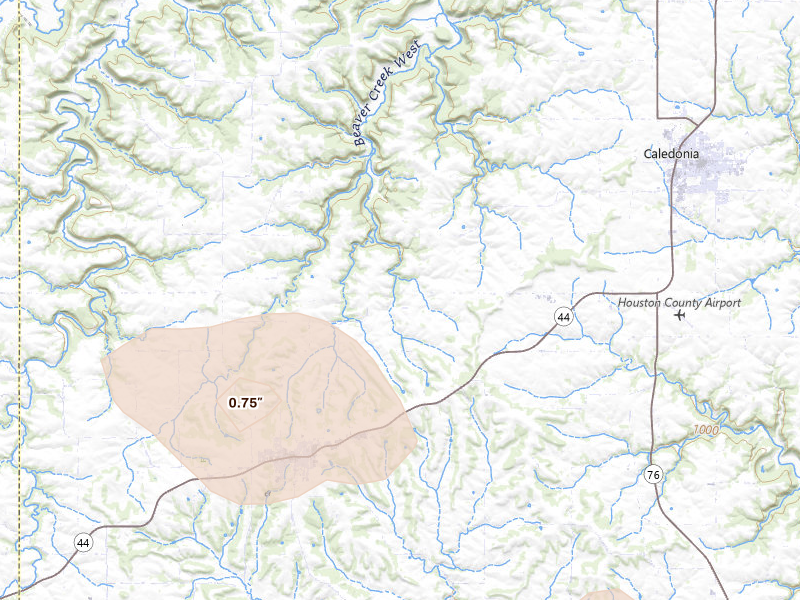 Radar-estimated hail-size map of the storm over Caledonia, MN on Sep 4, 2026