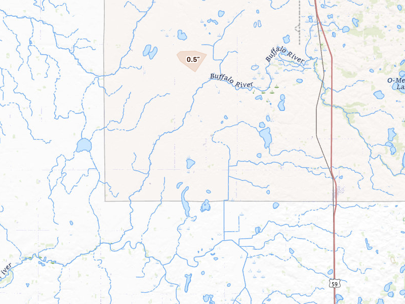 Radar-estimated hail-size map of the storm over Callaway, MN on Jun 19, 2026