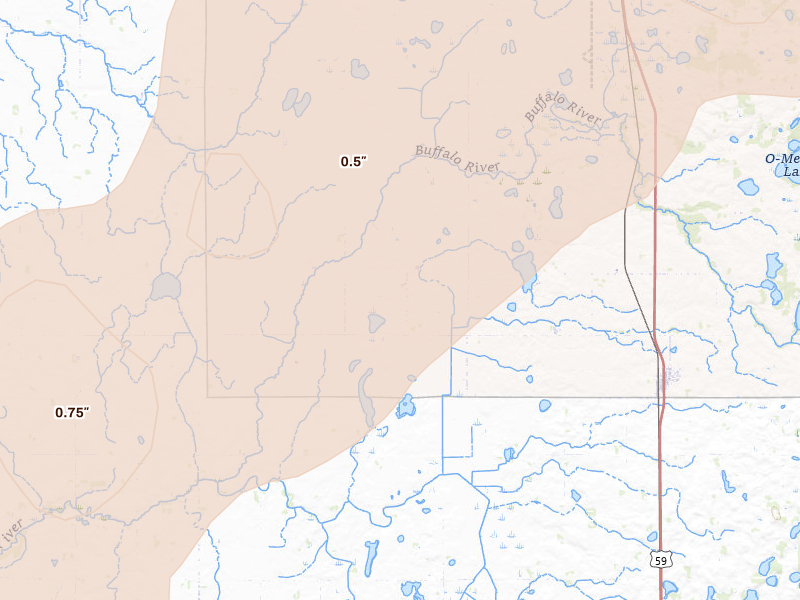 Radar-estimated hail-size map of the storm over Callaway, MN on Jun 29, 2026