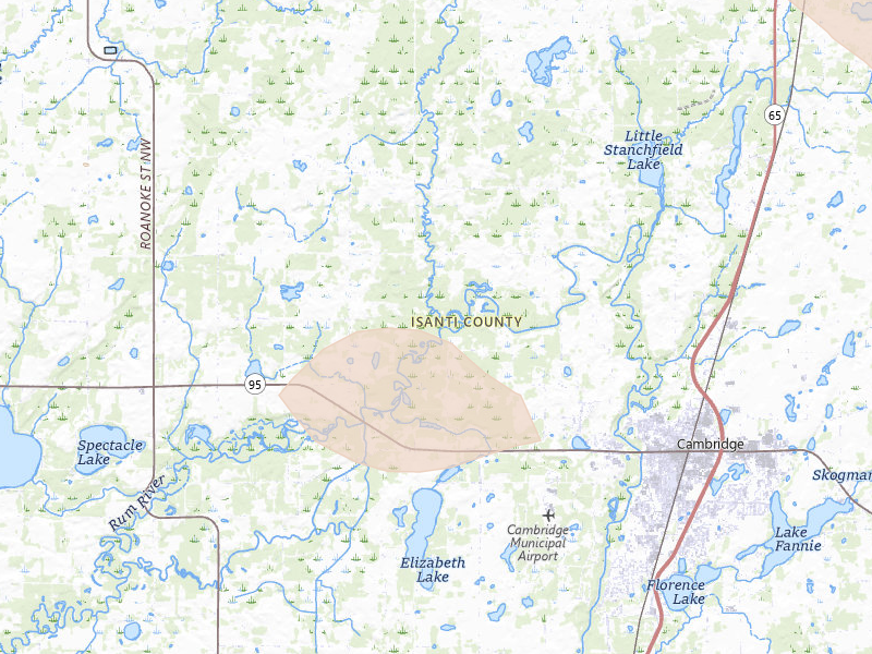 Radar-estimated hail-size map of the storm over Cambridge, MN on Jun 19, 2026