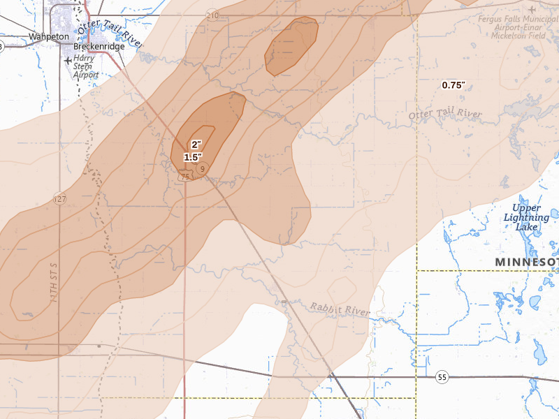 Radar-estimated hail-size map of the storm over Campbell, MN on Jun 29, 2026