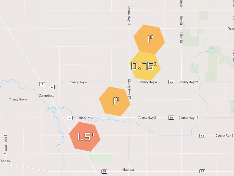 Hail map of Campbell, MN on Jun 30, 2026, hail up to 1.5"