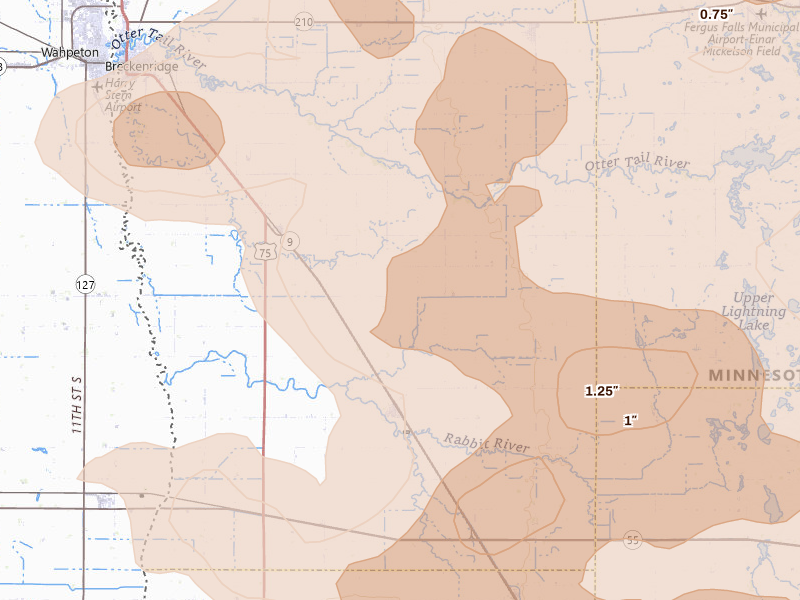 Radar-estimated hail-size map of the storm over Campbell, MN on Jul 6, 2026