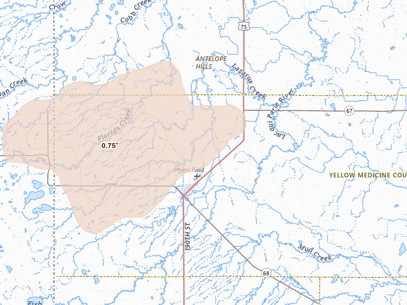 Radar-estimated hail-size map of the storm over Canby, MN on Jun 3, 2026