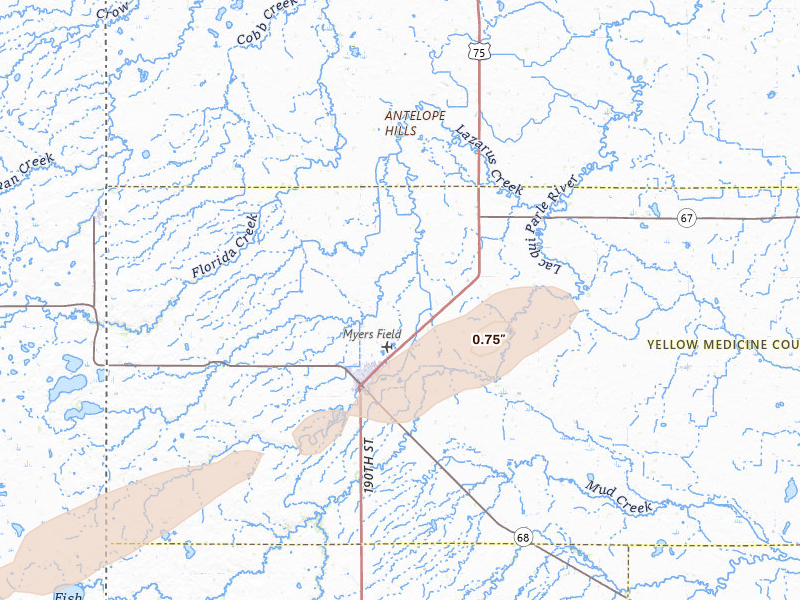 Radar-estimated hail-size map of the storm over Canby, MN on Jun 4, 2026