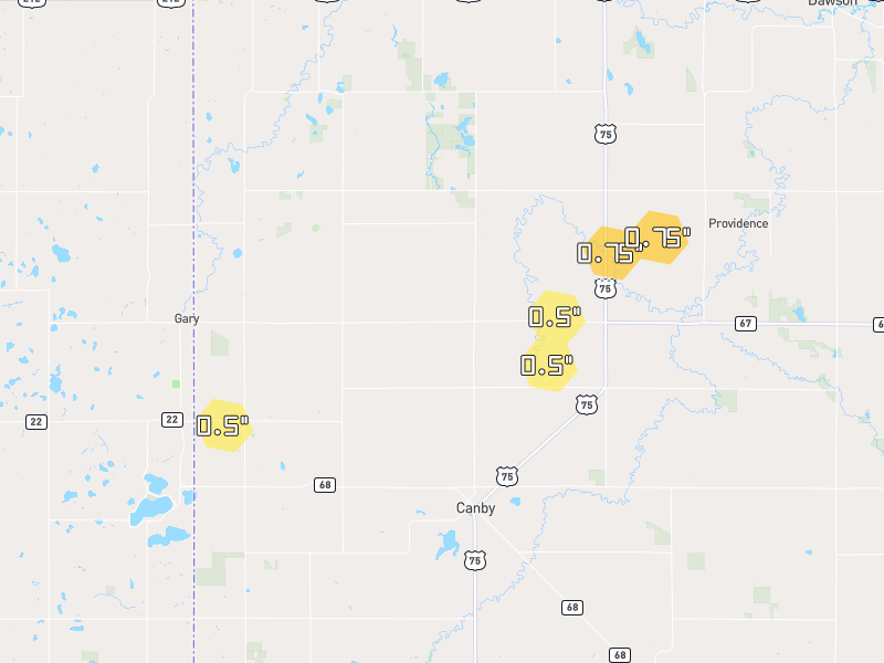 Hail map of Canby, MN on Jun 30, 2026, hail up to 0.75"