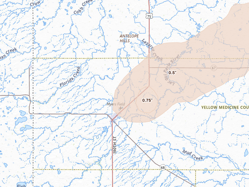 Radar-estimated hail-size map of the storm over Canby, MN on Jul 2, 2026