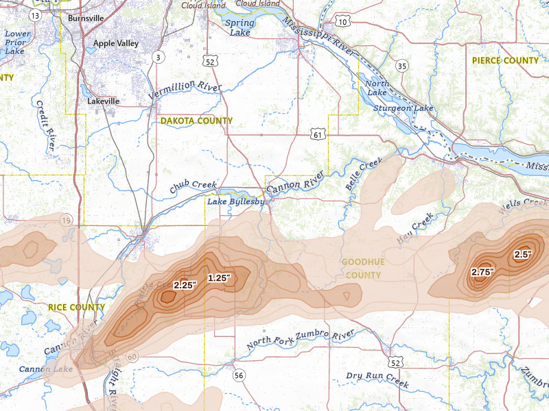 Radar-estimated hail-size map of the storm over Cannon Falls, MN on Apr 13, 2026