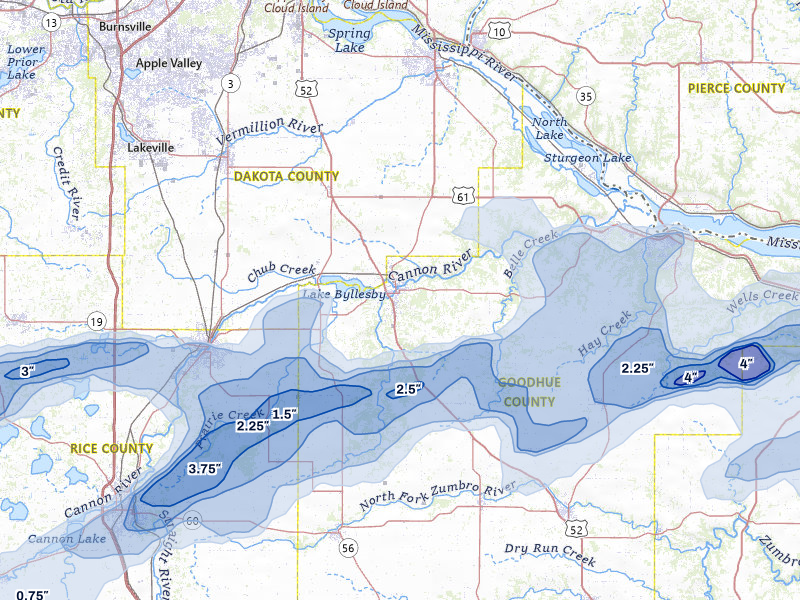 NEXRAD radar-signature map of the hail over Cannon Falls, MN