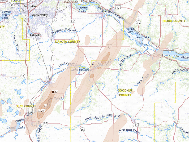 Radar-estimated hail-size map of the storm over Cannon Falls, MN on Apr 17, 2026