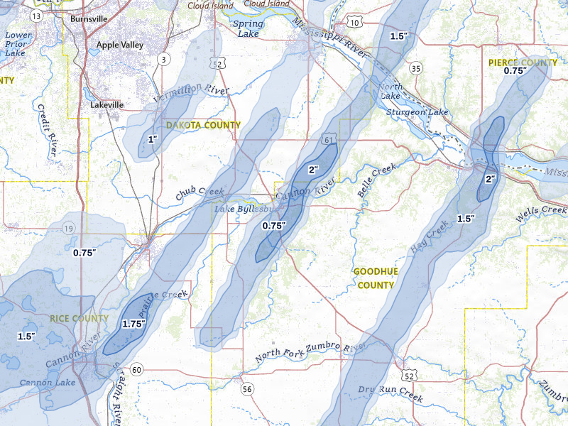 NEXRAD radar-signature map of the hail over Cannon Falls, MN