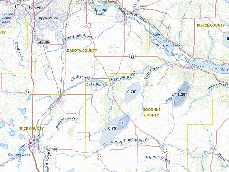 NEXRAD radar-signature map of the hail over Cannon Falls, MN