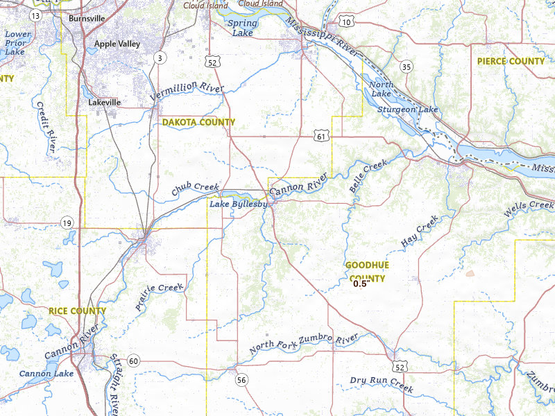 Radar-estimated hail-size map of the storm over Cannon Falls, MN on May 17, 2026