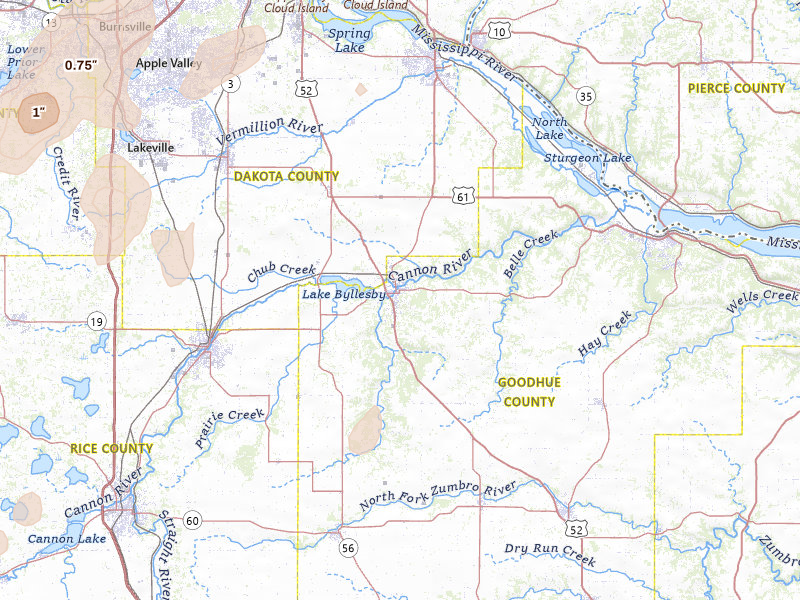 Radar-estimated hail-size map of the storm over Cannon Falls, MN on Jun 9, 2026