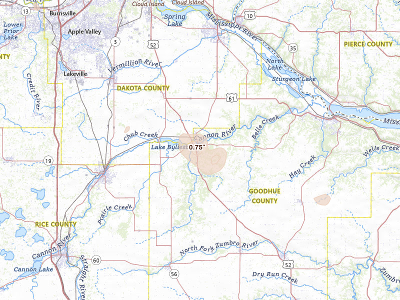Radar-estimated hail-size map of the storm over Cannon Falls, MN on Jul 25, 2026