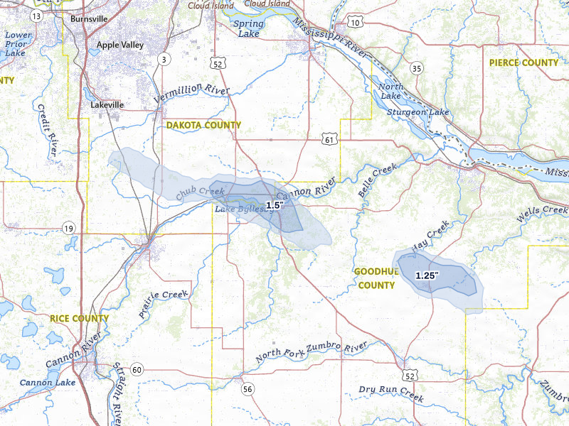 NEXRAD radar-signature map of the hail storm over Cannon Falls, MN on Jul 25, 2026