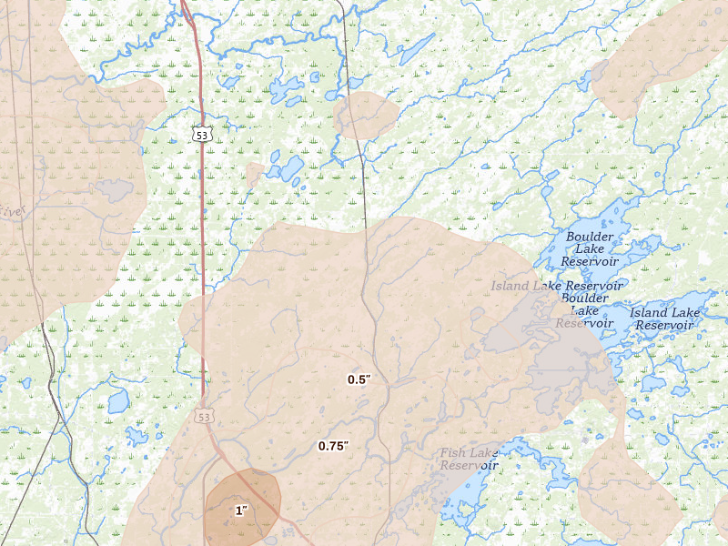Radar-estimated hail-size map of the storm over Canyon, MN on Jun 29, 2026