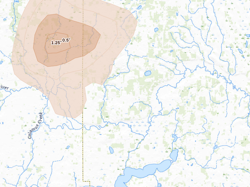 Radar-estimated hail-size map of the storm over Carlos, MN on Jun 8, 2026