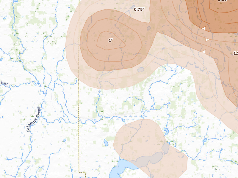 Radar-estimated hail-size map of the storm over Carlos, MN on Jul 4, 2026