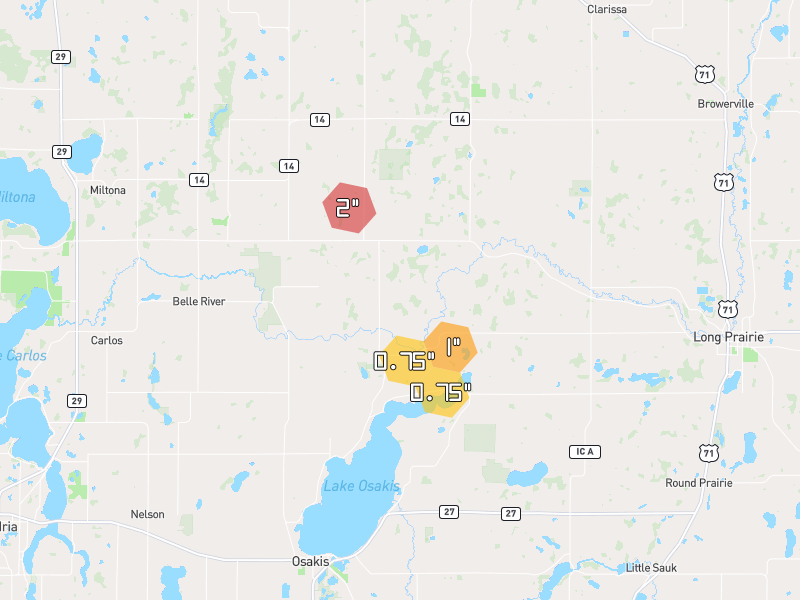 Hail map of Carlos, MN on Jul 4, 2026, hail up to 2"