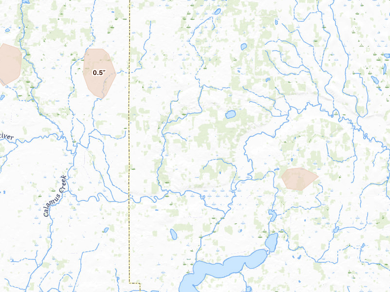 Radar-estimated hail-size map of the storm over Carlos, MN on Jul 7, 2026