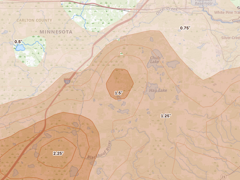 Radar-estimated hail-size map of the storm over Carlton, MN on Jun 29, 2026