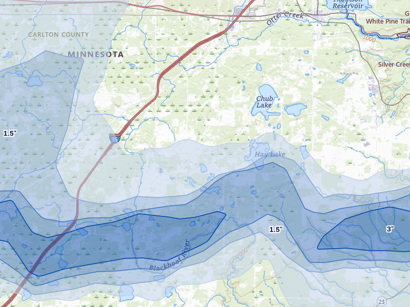 NEXRAD radar-signature map of the hail over Carlton, MN