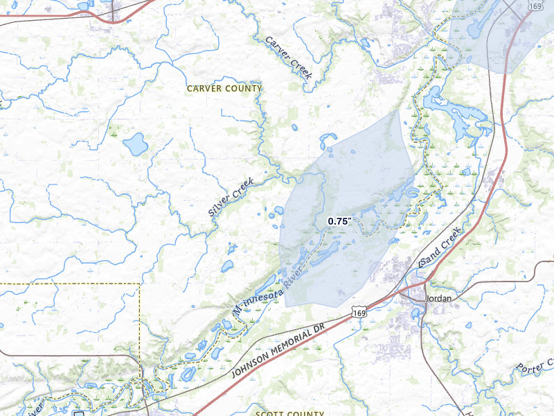 NEXRAD radar-signature map of the hail over Carver, MN
