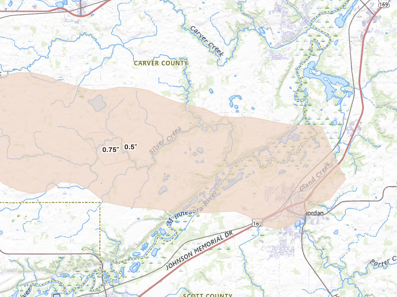 Radar-estimated hail-size map of the storm over Carver, MN on Jul 19, 2026