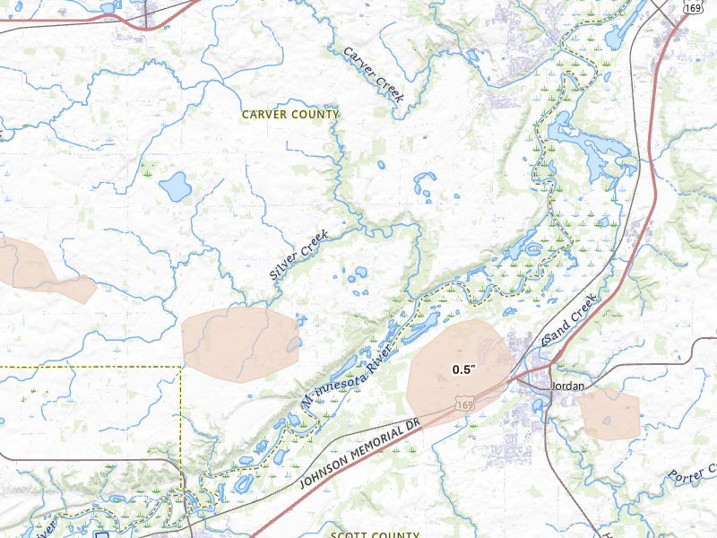 Radar-estimated hail-size map of the storm over Carver, MN on Jul 25, 2026