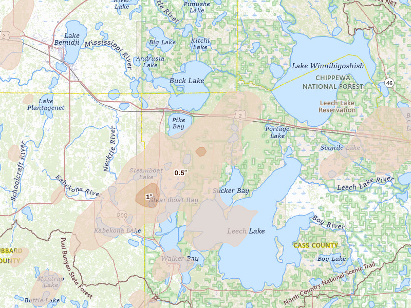 Radar-estimated hail-size map of the storm over Cass Lake, MN on Jun 29, 2026