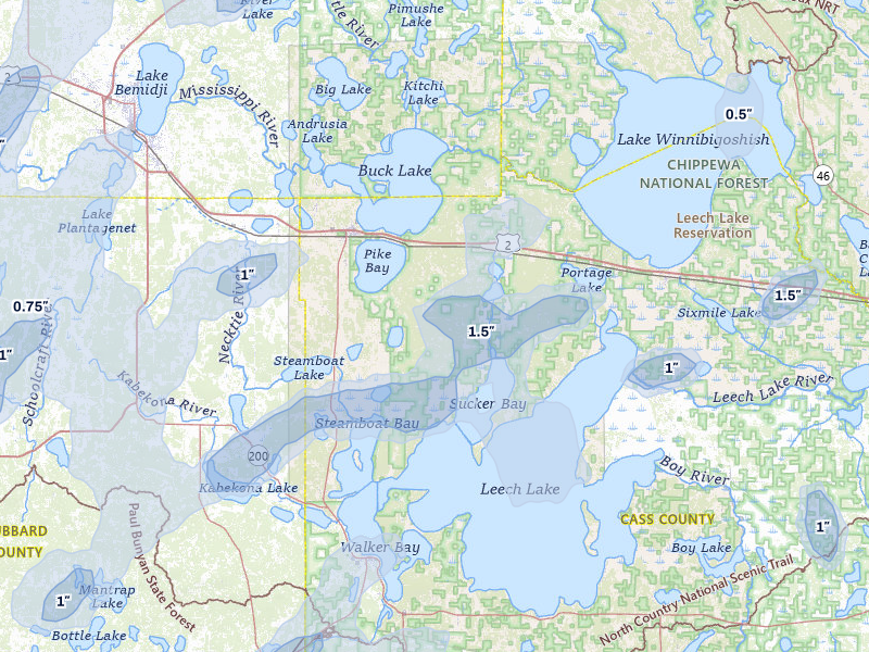 NEXRAD radar-signature map of the hail over Cass Lake, MN