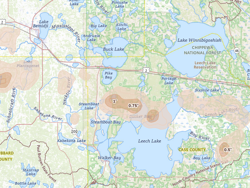 Radar-estimated hail-size map of the storm over Cass Lake, MN on Jul 3, 2026