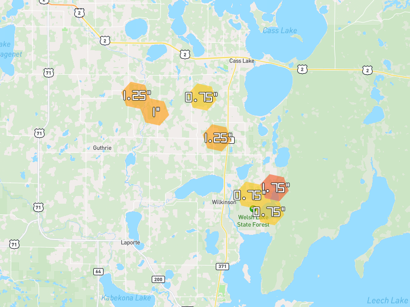 Hail map of Cass Lake, MN on Jul 3, 2026, hail up to 1.75"