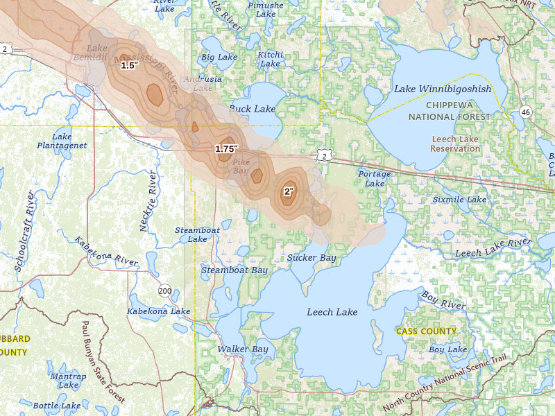 Radar-estimated hail-size map of the storm over Cass Lake, MN on Jul 24, 2026